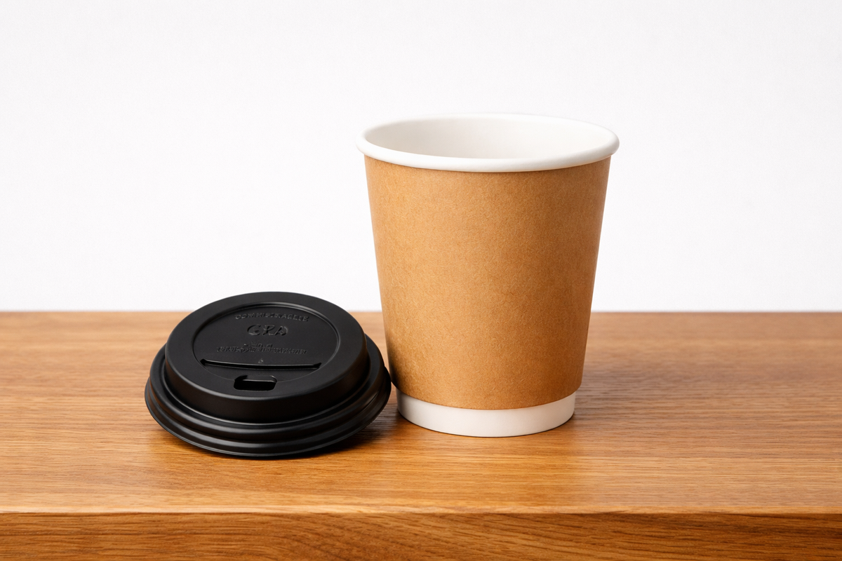 Black CPLA sip-through compostable coffee cup lid beside a kraft double wall paper cup on a wooden cafe counter