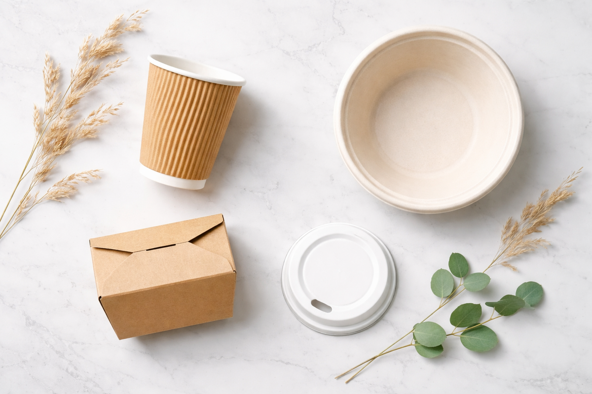 Eco-friendly food packaging including compostable cups and bagasse boxes arranged to represent UK sustainable packaging regulations 2026