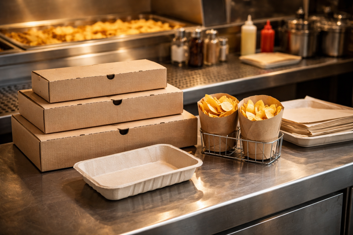 Corrugated fish and chips boxes stacked in a fish and chip shop kitchen next to kraft chip trays and scoops
