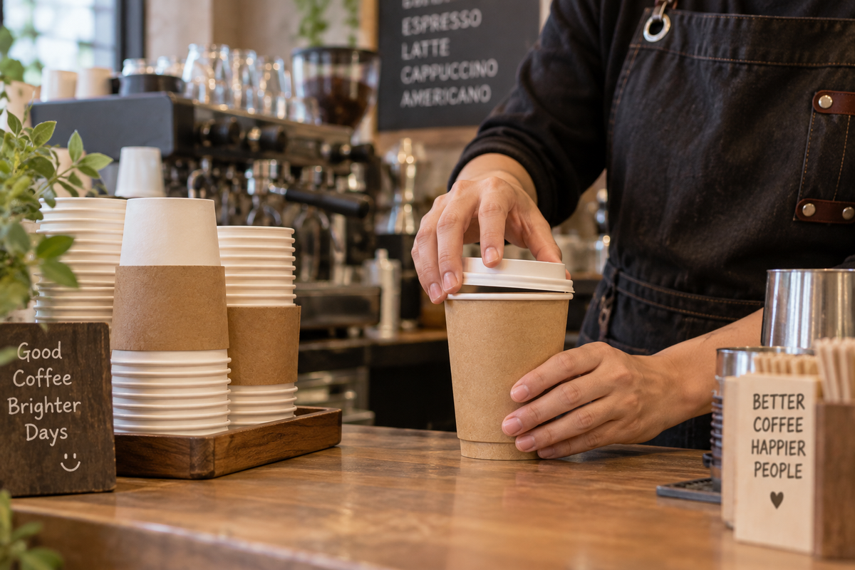 A single wall paper cup with a kraft sleeve next to an unsleeved double wall kraft coffee cup