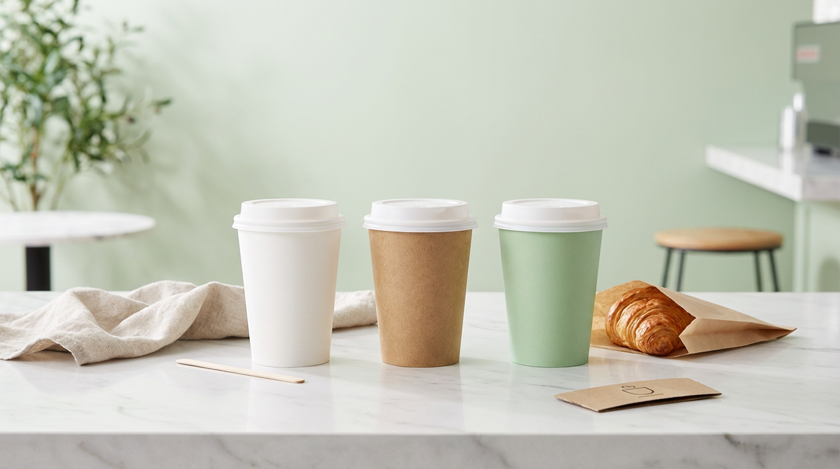 Three paper coffee cups placed side by side on a clean white marble cafe counter, each cup slightly different — one plain white single wall, one kraft compostable, one matte aqueous-coated