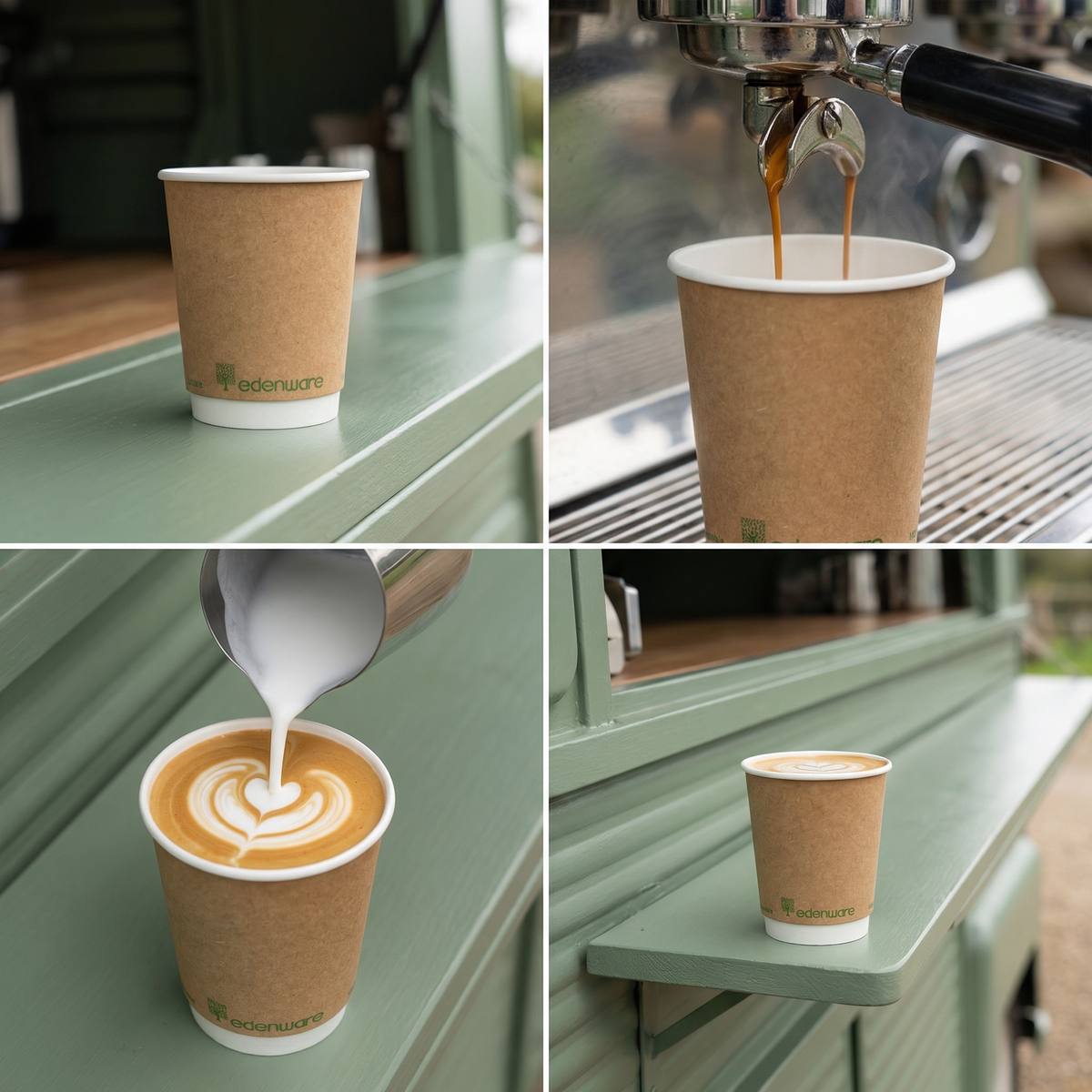 12oz compostable kraft double wall paper cup lifestyle collage - four panels showing empty cup, espresso being poured, latte art pour and cup on outdoor coffee van shelf