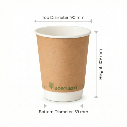 12oz compostable kraft double wall paper cup with dimensions - height 109mm, top diameter 90mm, bottom diameter 59mm