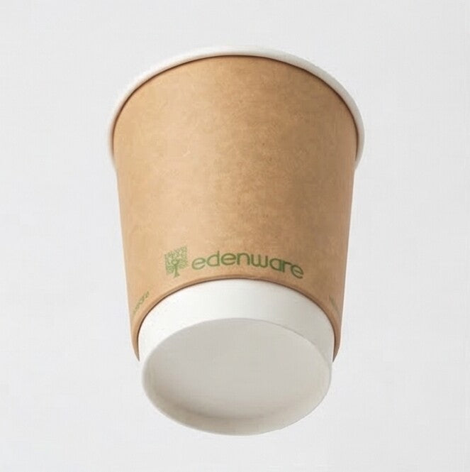 12oz compostable kraft double wall paper cup - slightly overhead front angle on white background