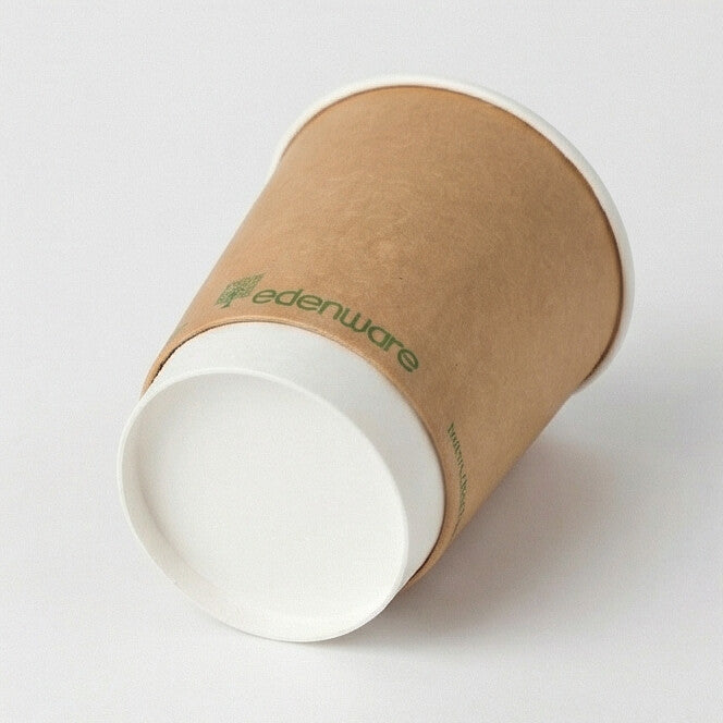 12oz compostable kraft double wall paper cup - tilted side angle on white background