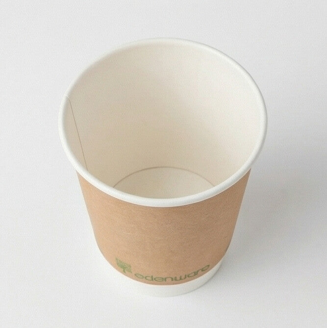 12oz compostable kraft double wall paper cup - tilted top-down view showing open interior on white background