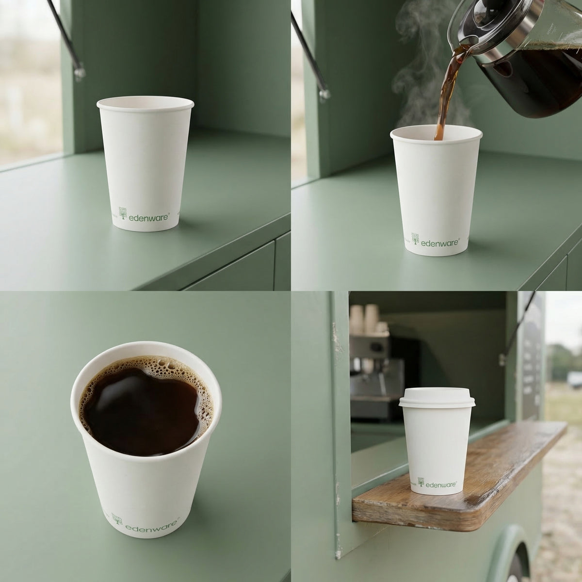 12oz compostable white single wall paper cup lifestyle collage - four panels showing empty cup, coffee being poured, black coffee and takeaway cup |