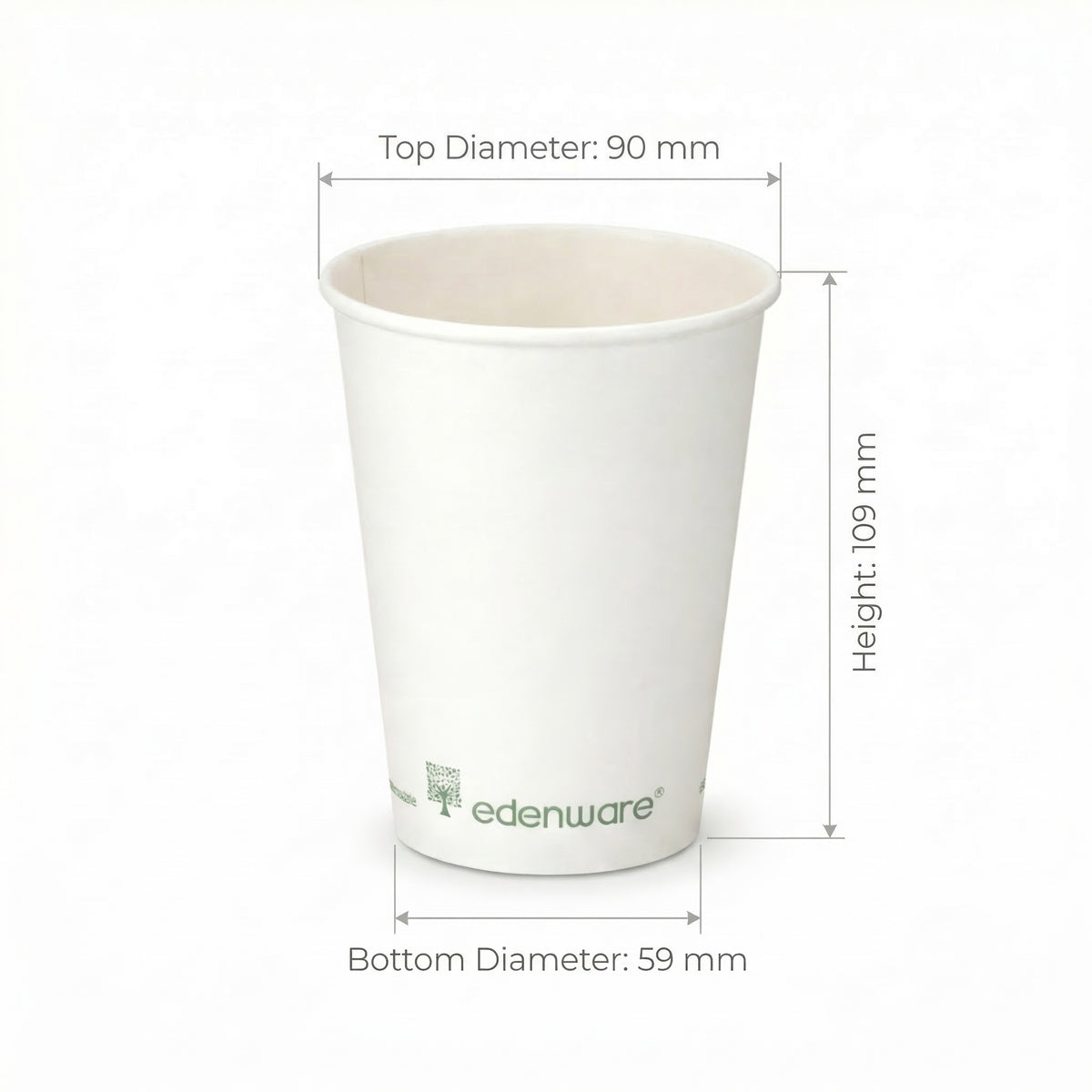 12oz compostable white single wall paper cup with dimensions - height 109mm, top diameter 90mm, bottom diameter 59mm