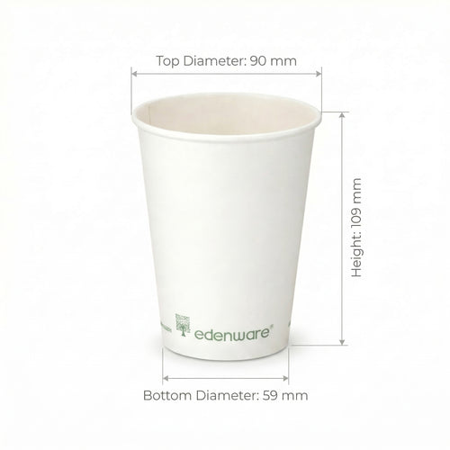 12oz compostable white single wall paper cup with dimensions - height 109mm, top diameter 90mm, bottom diameter 59mm