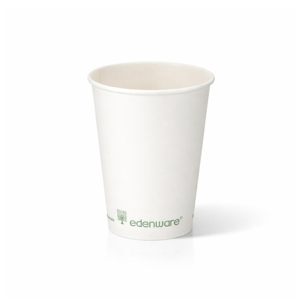 12oz compostable white single wall paper cup - front view on white background 