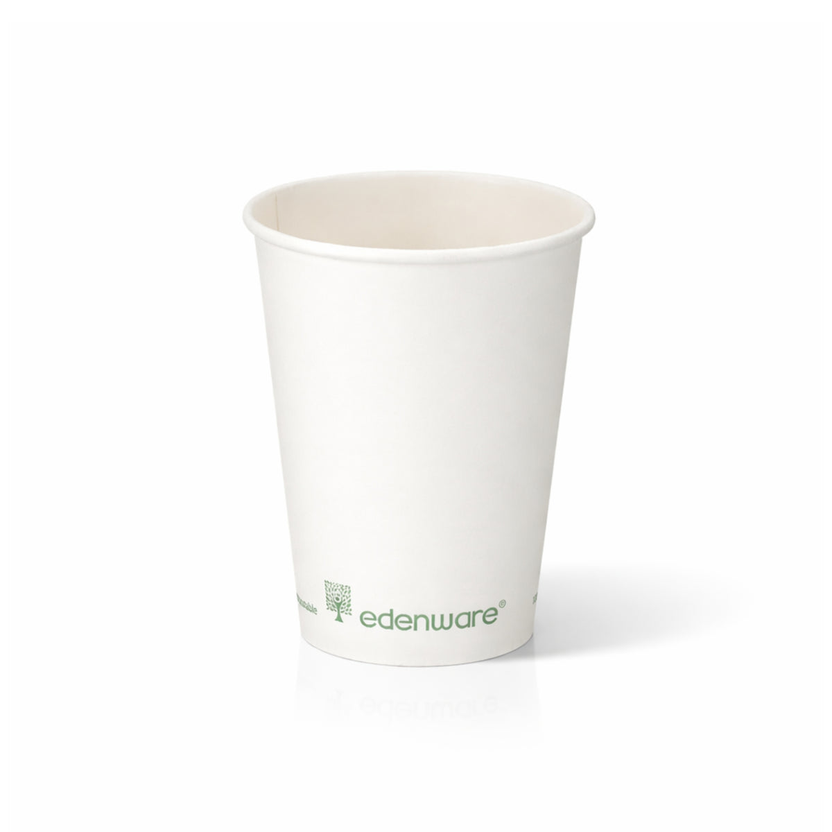 12oz compostable white single wall paper cup - front view on white background 
