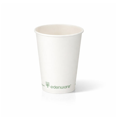 12oz compostable white single wall paper cup - front view on white background 
