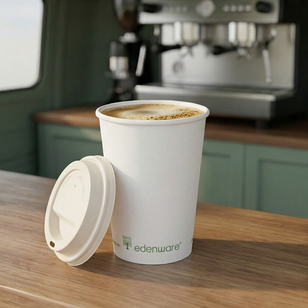12oz compostable white single wall paper cup with lid filled with latte on wooden counter in front of espresso machine
