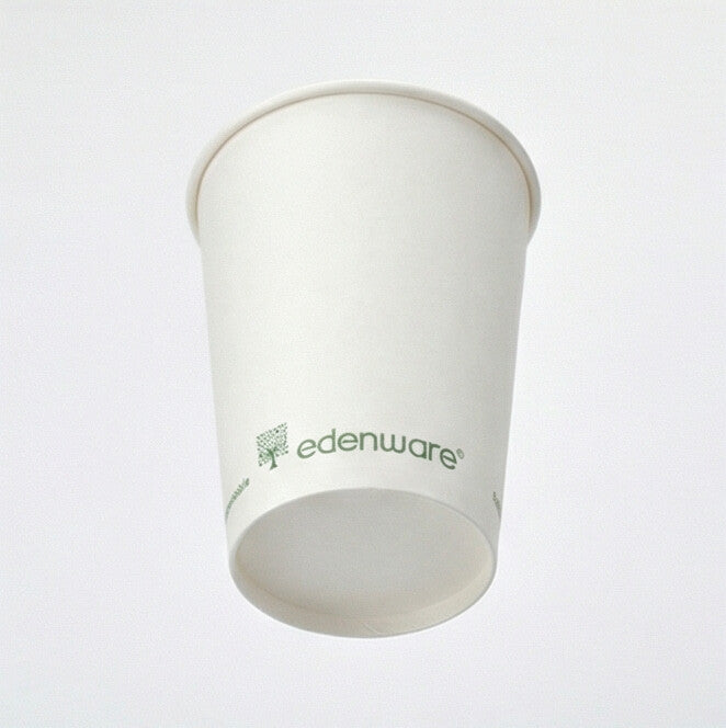 12oz compostable white single wall paper cup - slightly overhead front angle on white background