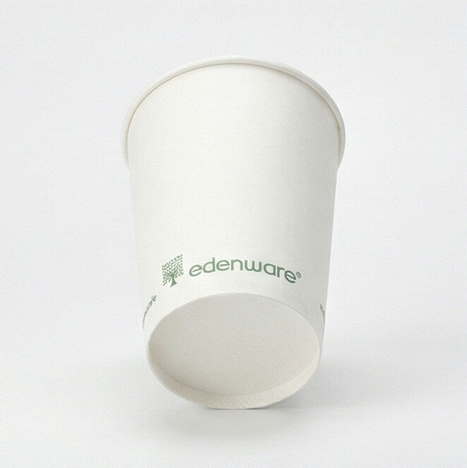 12oz compostable white single wall paper cup - tilted side angle on white background