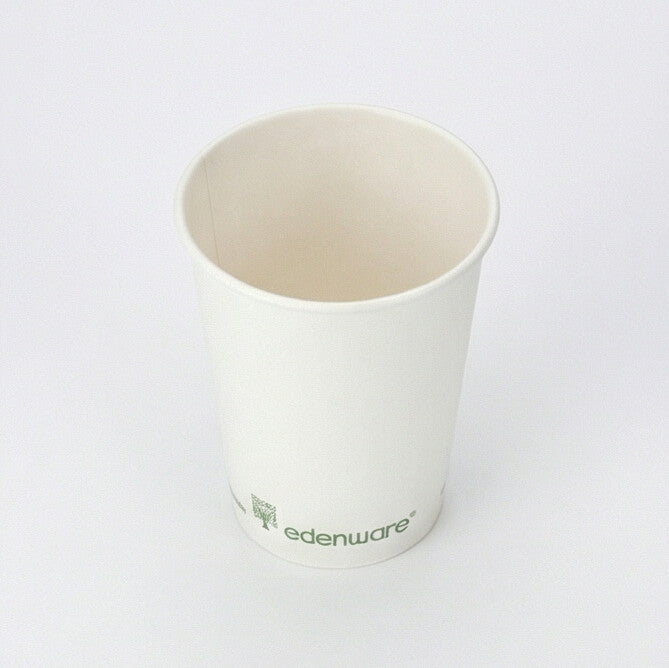 12oz compostable white single wall paper cup - top-down view showing open interior on white background 