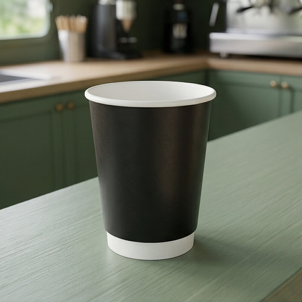 Empty 12oz Black Double Wall Paper Cup on a sage green café counter, dark green kitchen cabinetry and appliances behind