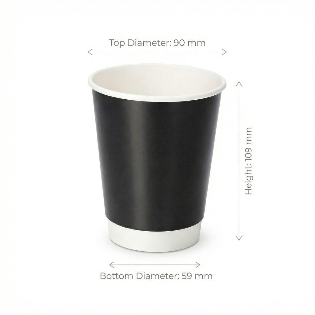 Dimensions diagram for the 12oz Black Double Wall Paper Cup: 90 mm top diameter, 59 mm base, 109 mm height, white background