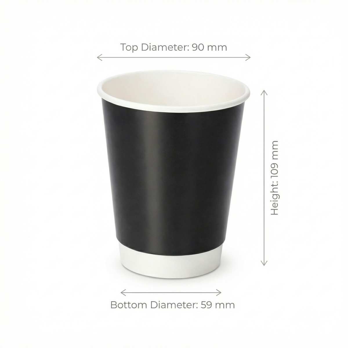 Dimensions diagram for the 12oz Black Double Wall Paper Cup: 90 mm top diameter, 59 mm base, 109 mm height, white background