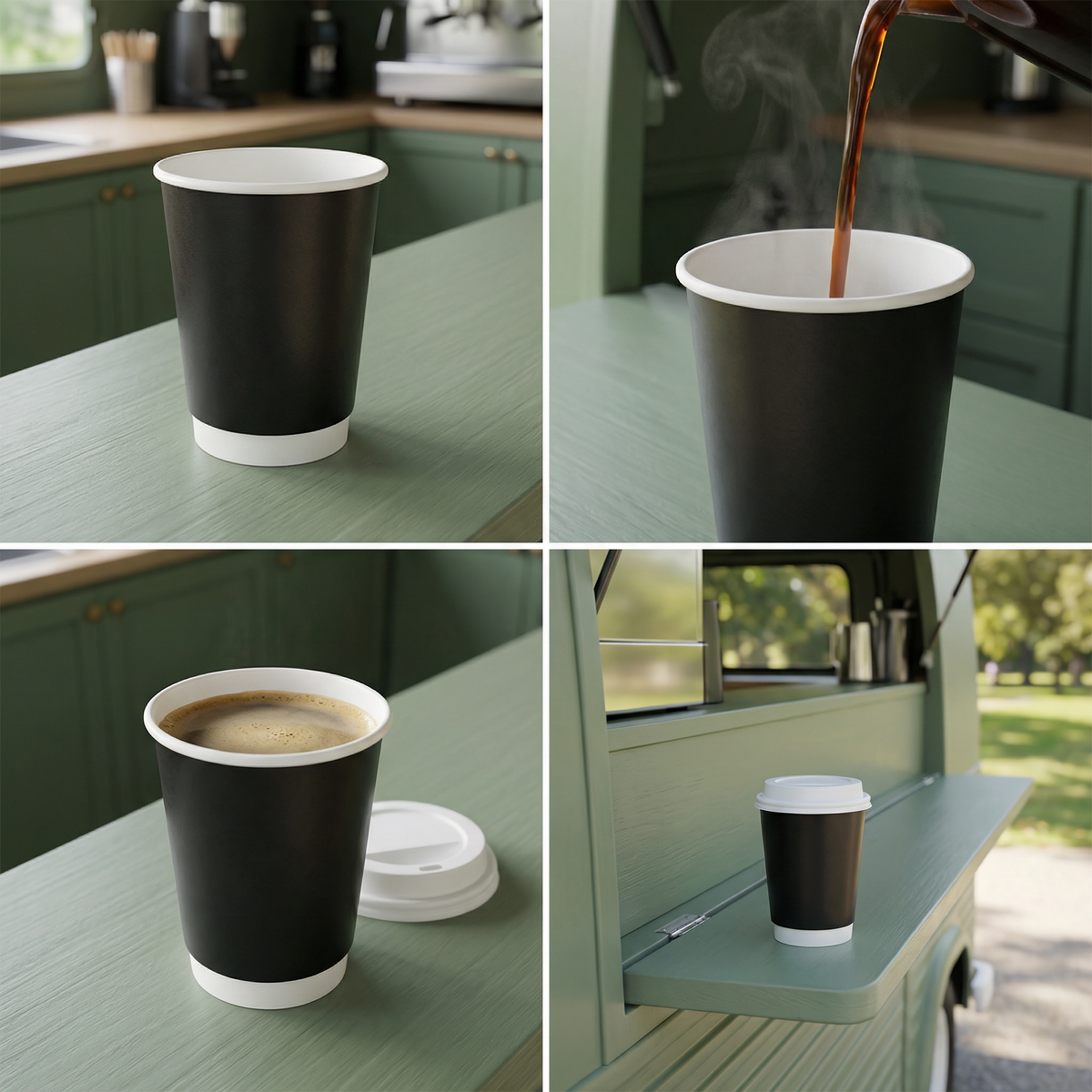 Four-panel collage: black 12oz cup empty, coffee poured in steaming, open with latte and lid aside, and lidded on van shelf