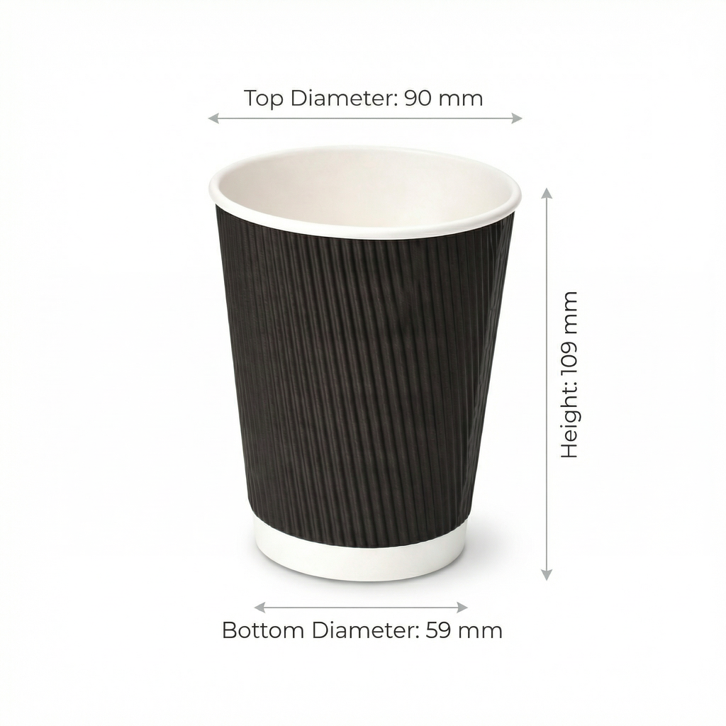 Dimensions diagram for the 12oz Black Ripple Wall Paper Cup: 90 mm top diameter, 59 mm base, 109 mm height, white background