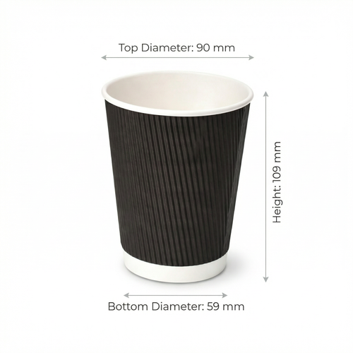Dimensions diagram for the 12oz Black Ripple Wall Paper Cup: 90 mm top diameter, 59 mm base, 109 mm height, white background