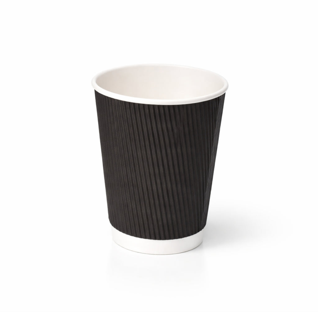 12oz Black Ripple Wall Paper Cup on white, vertical ripple texture exterior, white rim and base band, subtle shadow