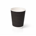 12oz Black Ripple Wall Paper Cup on white, vertical ripple texture exterior, white rim and base band, subtle shadow