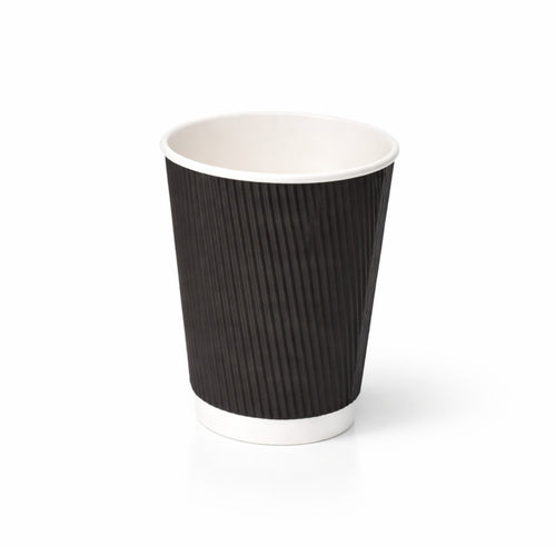 12oz Black Ripple Wall Paper Cup on white, vertical ripple texture exterior, white rim and base band, subtle shadow