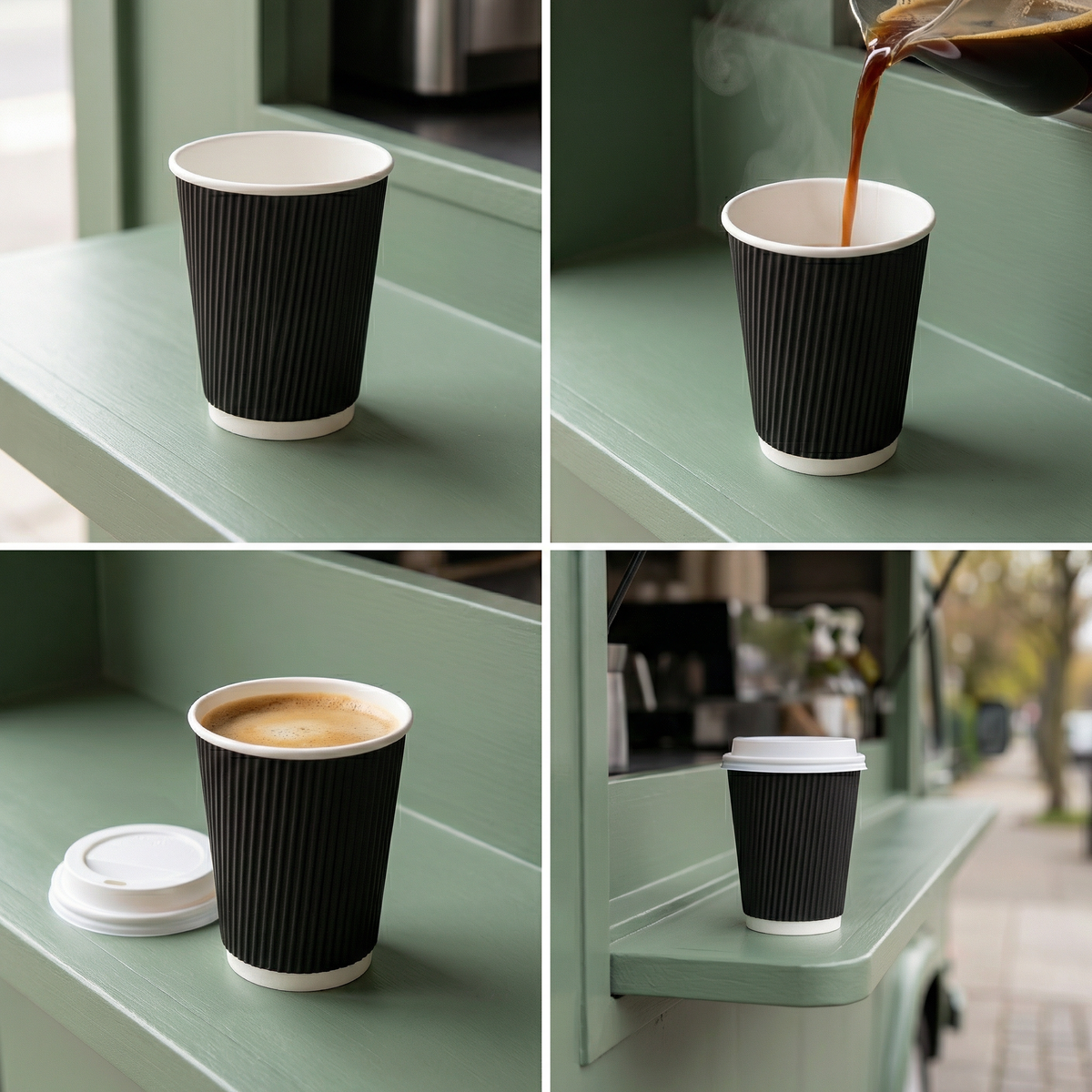 Four-panel collage: empty black 12oz on van shelf, coffee poured in steaming, open with lid beside, and lidded on van