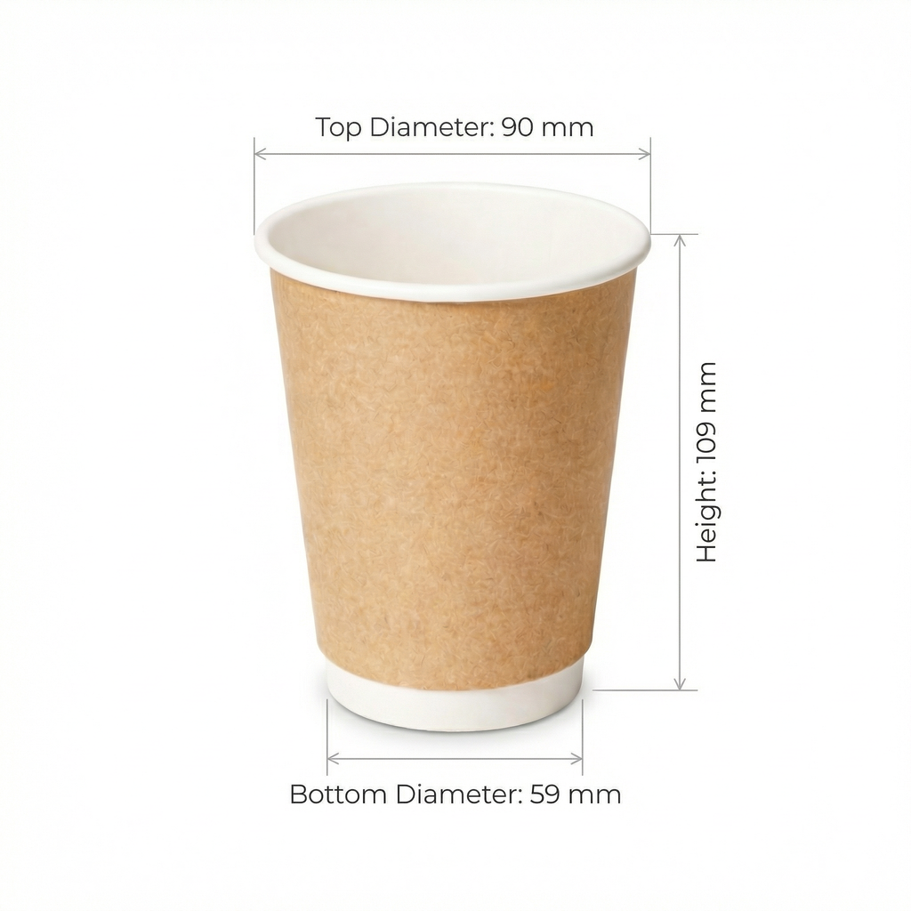 Dimensions diagram for the 12oz Kraft Double Wall Paper Cup: 90 mm top diameter, 59 mm base, 109 mm height