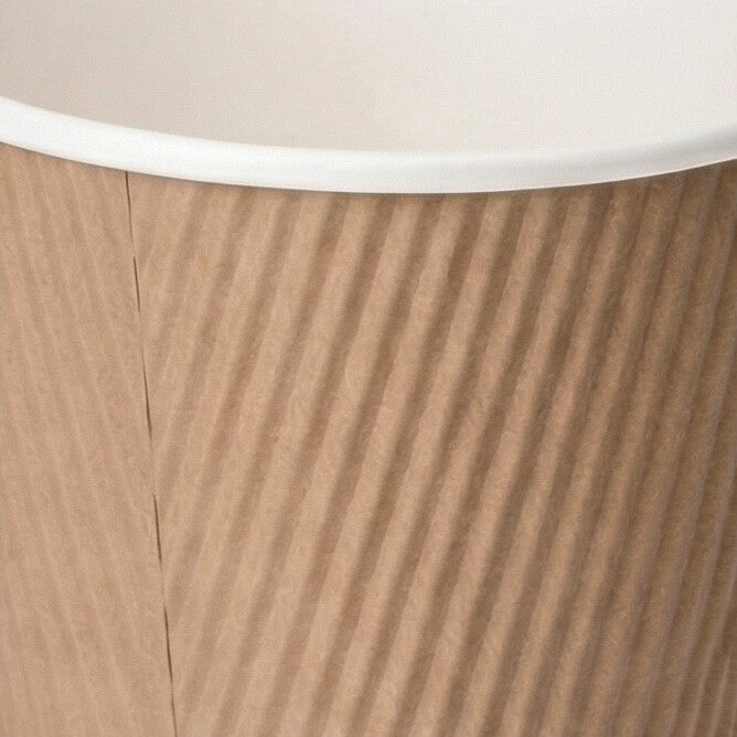 Close-up of the white rim and kraft herringbone ripple texture of a 12oz ripple wall paper cup, seam visible, white background