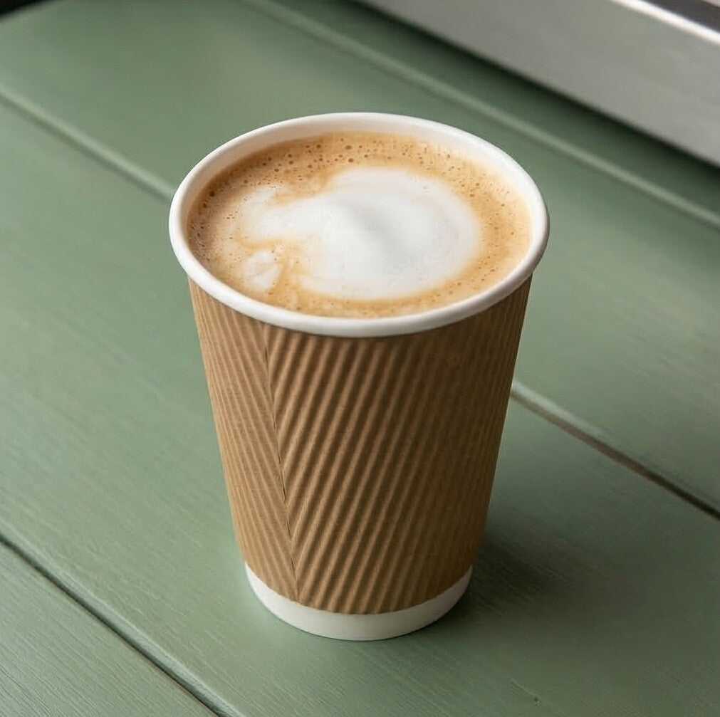 12oz Kraft Ripple Wall Paper Cup with a latte art top on a sage green coffee van shelf, van window and equipment behind