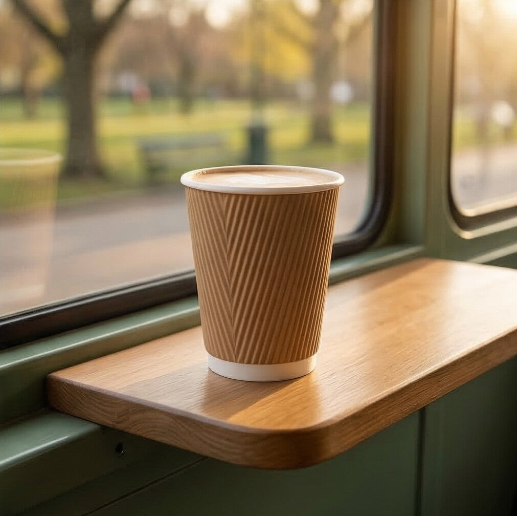 12oz Kraft Ripple Wall Paper Cup with latte on a wooden coffee van shelf, warm golden light, park trees through window
