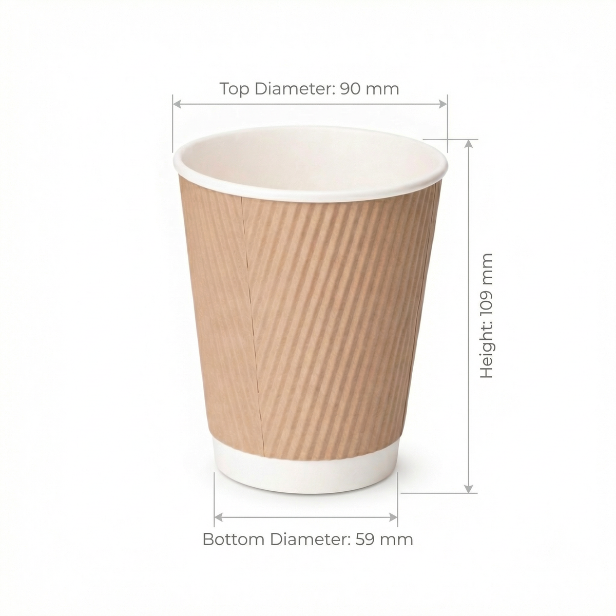 Dimensions diagram for the 12oz Kraft Ripple Wall Paper Cup: 90 mm top, 59 mm base, 109 mm height, off-white background