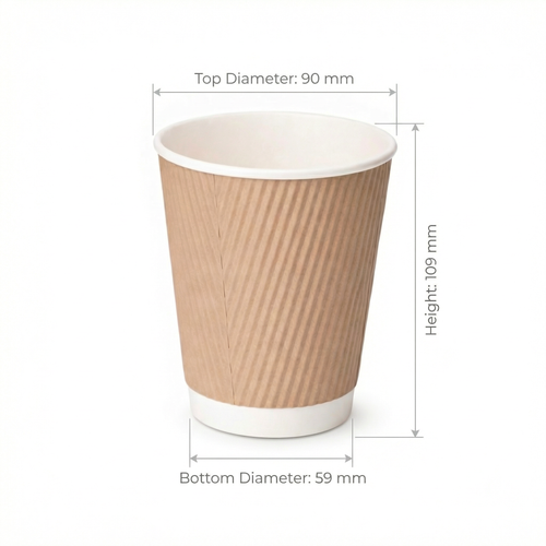 Dimensions diagram for the 12oz Kraft Ripple Wall Paper Cup: 90 mm top, 59 mm base, 109 mm height, off-white background