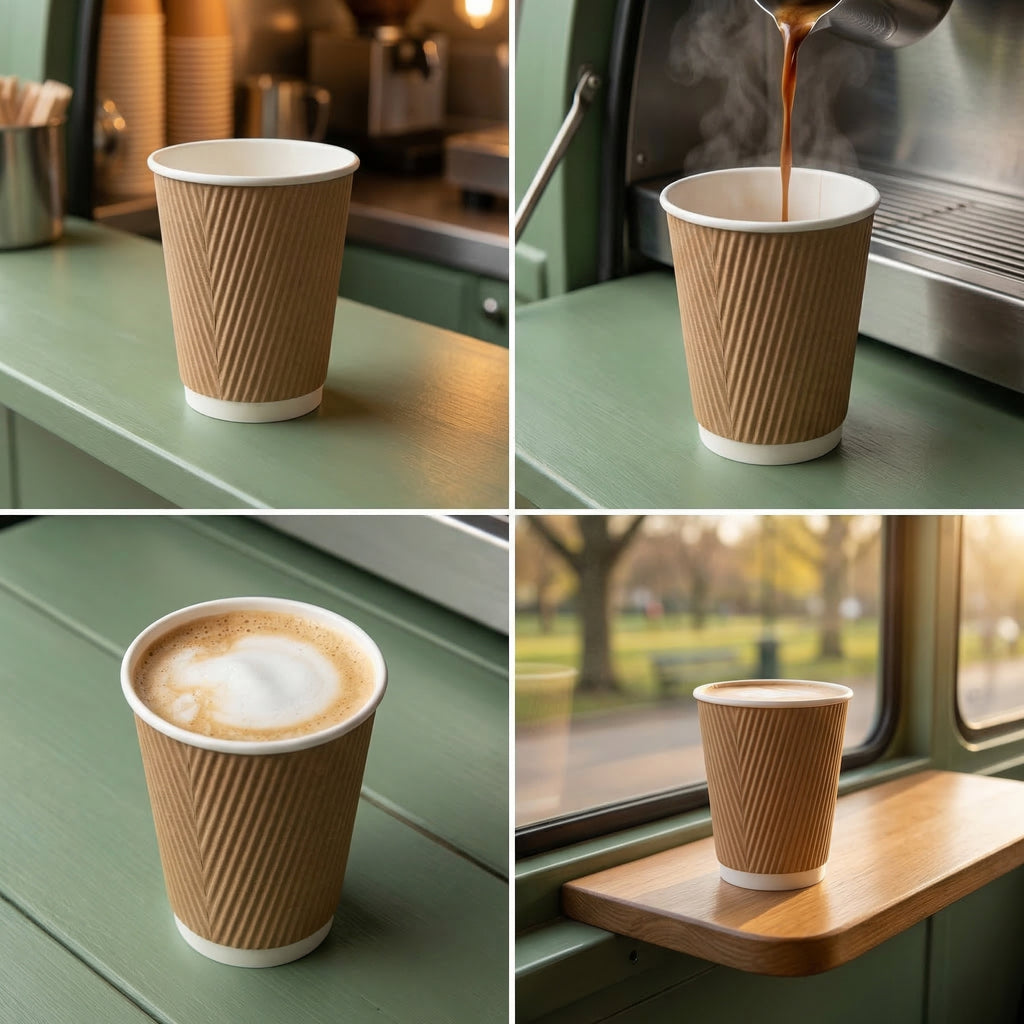 Four-panel collage: empty kraft 12oz cup on van, coffee poured in steaming, latte art open, and latte on van park shelf