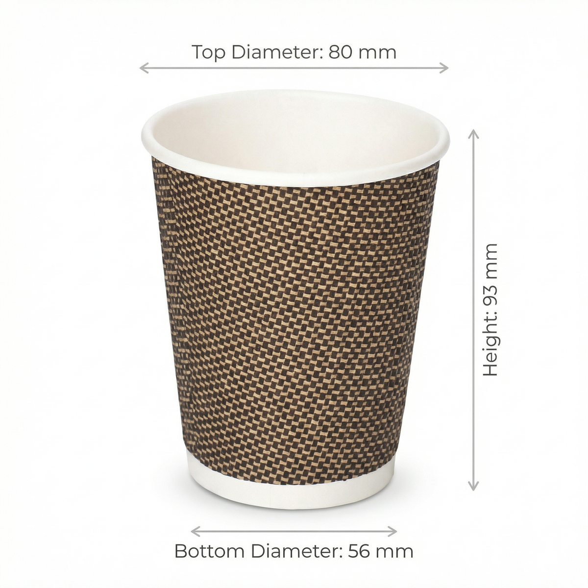 Dimensions diagram for the 12oz VIP Ripple Wall Paper Cup: 80 mm top diameter, 56 mm base, 93 mm height