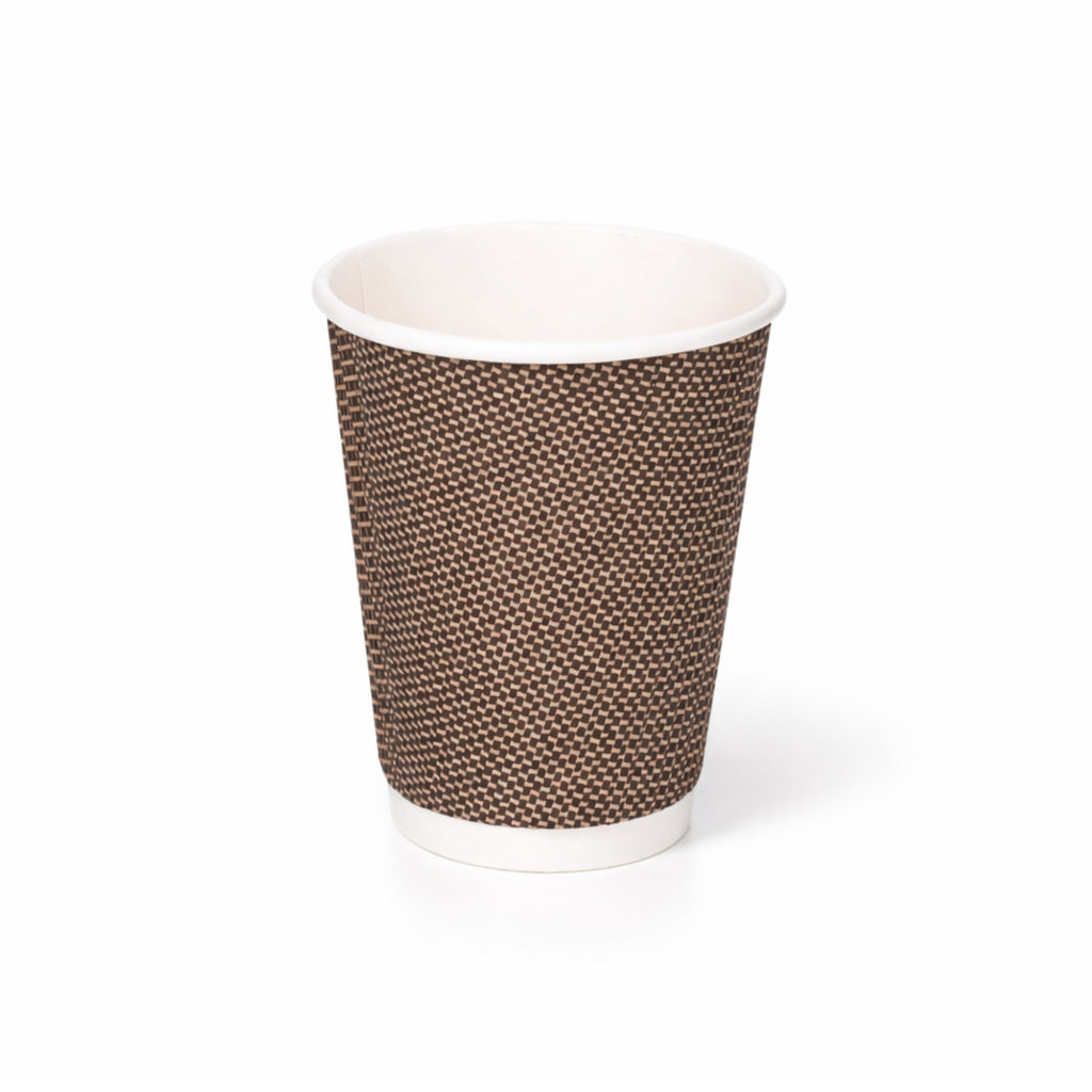 12oz VIP Ripple Wall Paper Cup on white, dark brown woven texture exterior, white rim and base band, subtle shadow