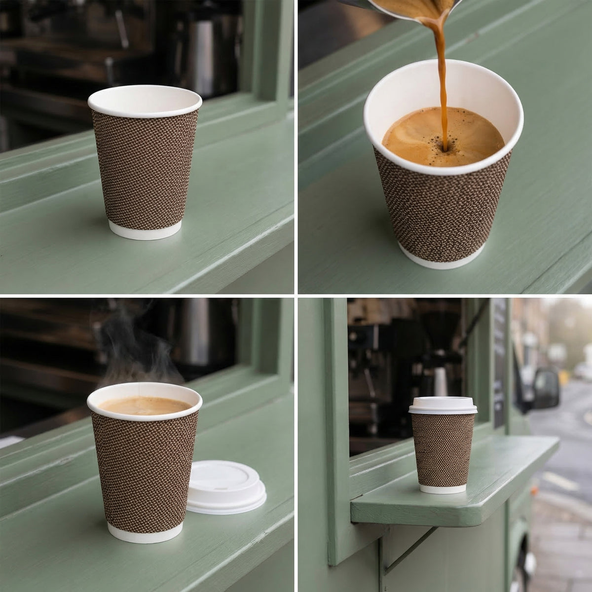 Four-panel collage: empty cup on van sill, coffee poured from jug, steaming with lid aside, lidded on van bracket