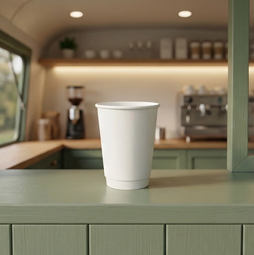 Empty 12oz White Double Wall Paper Cup on a sage green coffee van counter, lit espresso bar and grinder visible behind