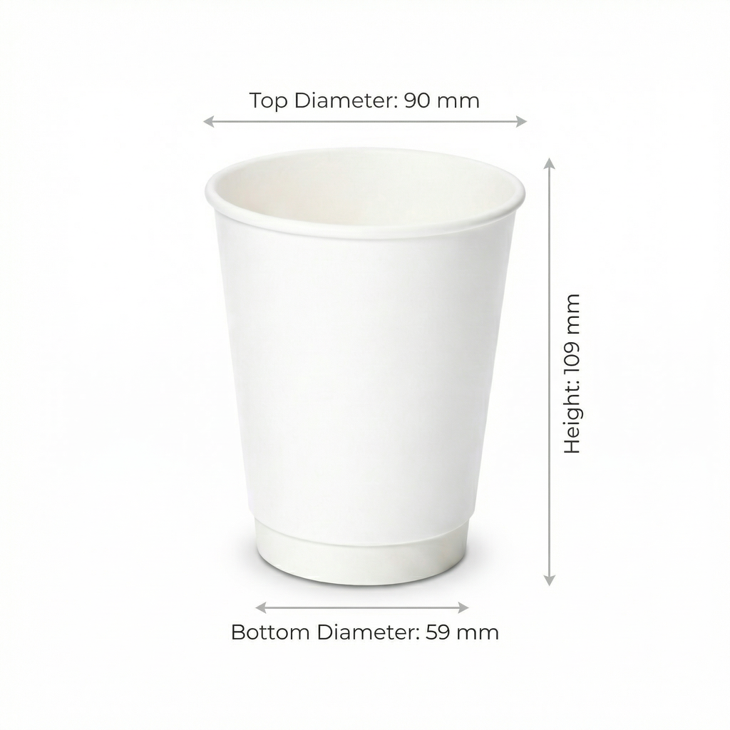 Dimensions diagram for the 12oz White Double Wall Paper Cup: 90 mm top diameter, 59 mm base, 109 mm height, white background