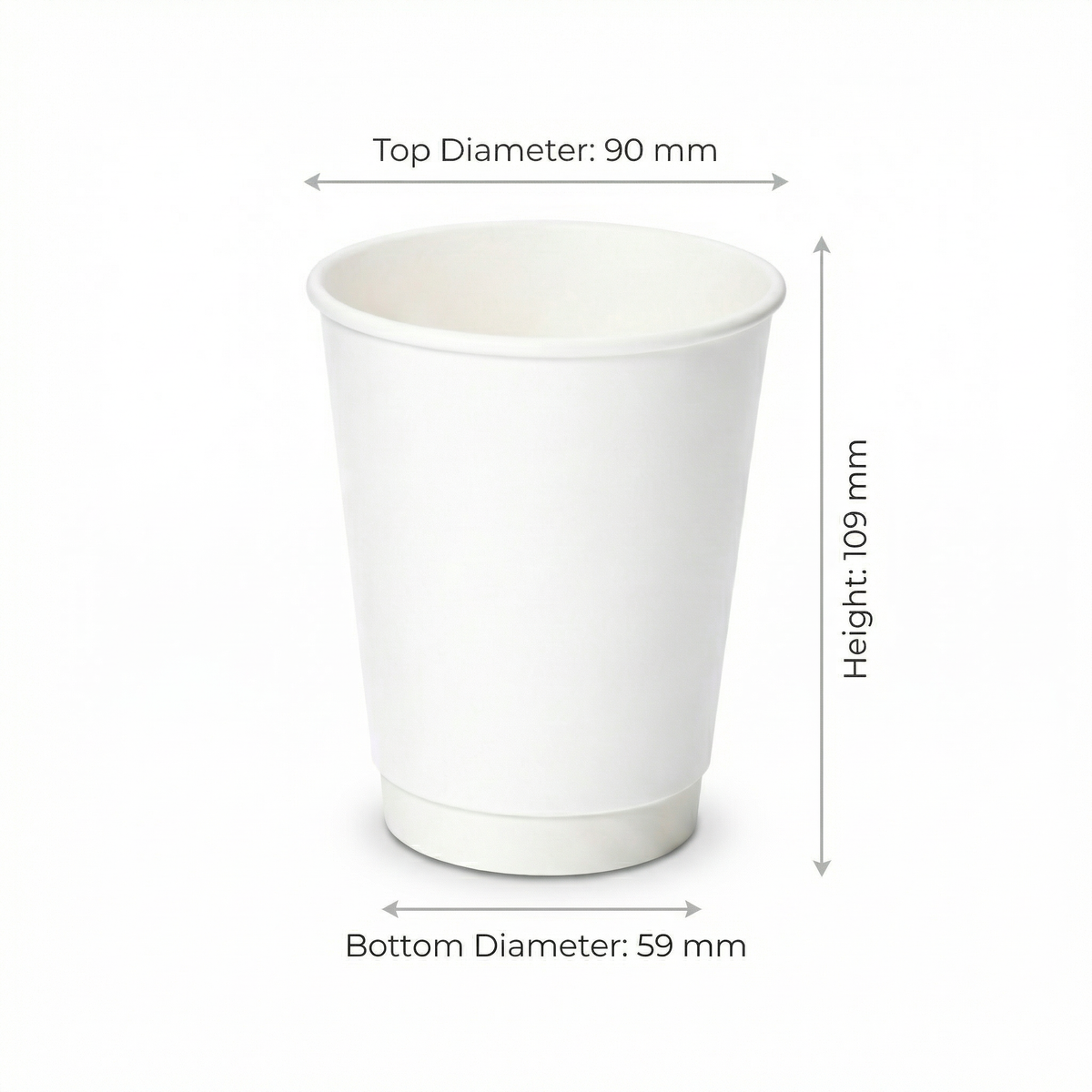 Dimensions diagram for the 12oz White Double Wall Paper Cup: 90 mm top diameter, 59 mm base, 109 mm height, white background