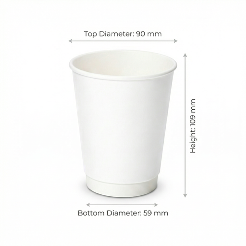 Dimensions diagram for the 12oz White Double Wall Paper Cup: 90 mm top diameter, 59 mm base, 109 mm height, white background
