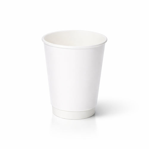 12oz White Double Wall Paper Cup centred on white, smooth white exterior and double-wall base band, subtle shadow
