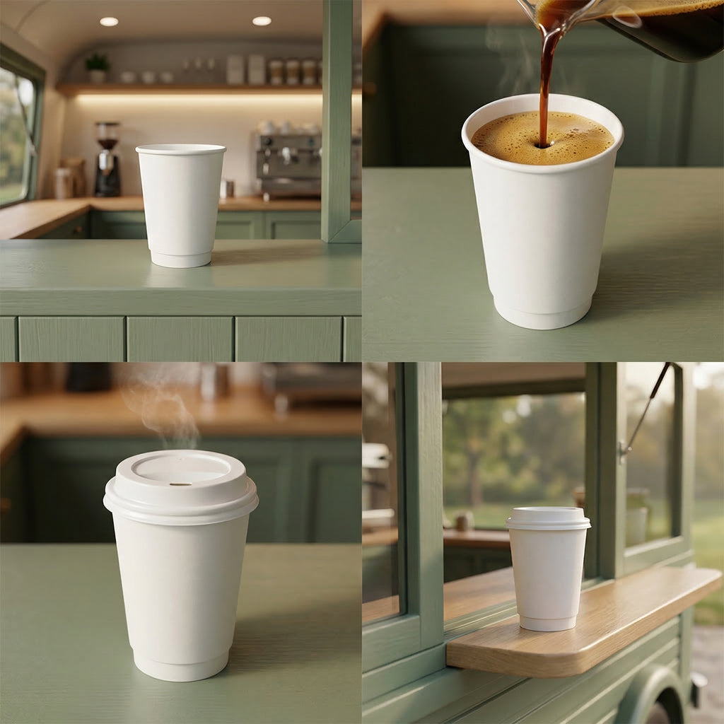 Four-panel collage: white 12oz cup on van counter, coffee poured in, lidded steaming on café counter, lidded on van shelf
