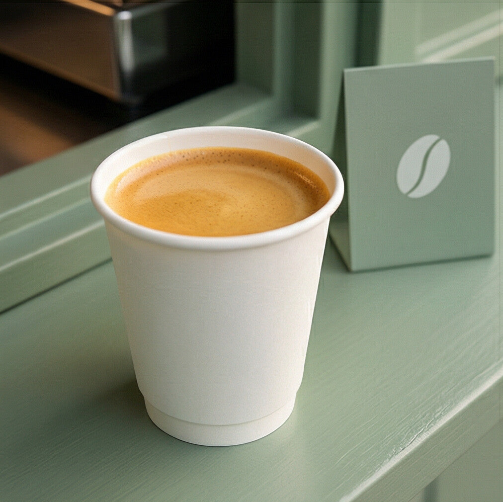 12oz White Double Wall Paper Cup filled with espresso on a sage green café counter, coffee bean card beside and machine behind