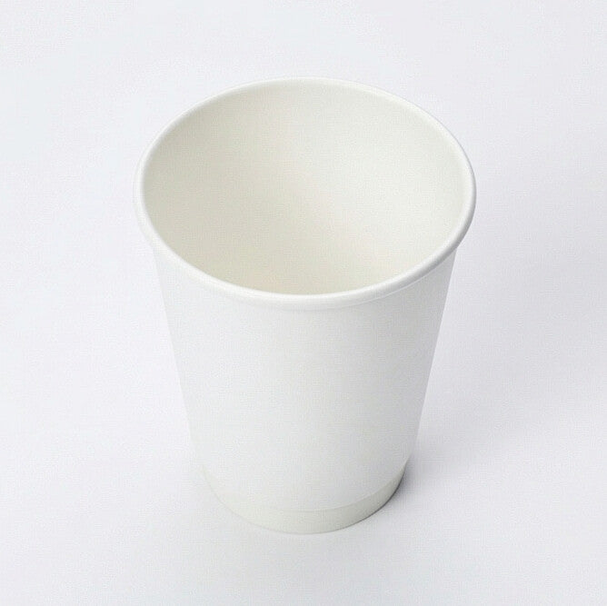 12oz White Double Wall Paper Cup seen from three-quarter above, showing the open interior and smooth white body on white