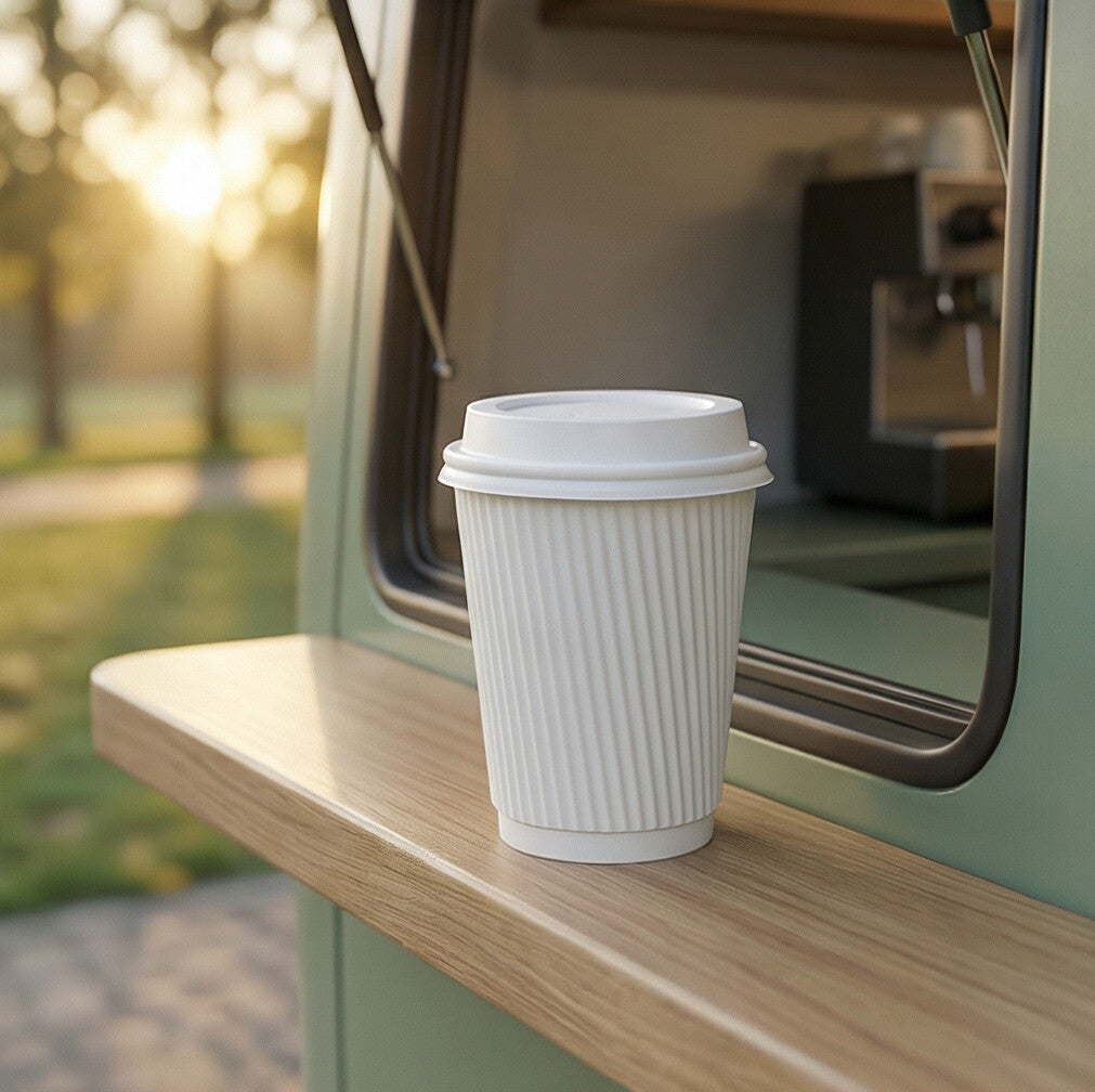 12oz White Ripple Wall Paper Cup with white lid on wooden fold-down shelf of sage green coffee van, sunlit park behind