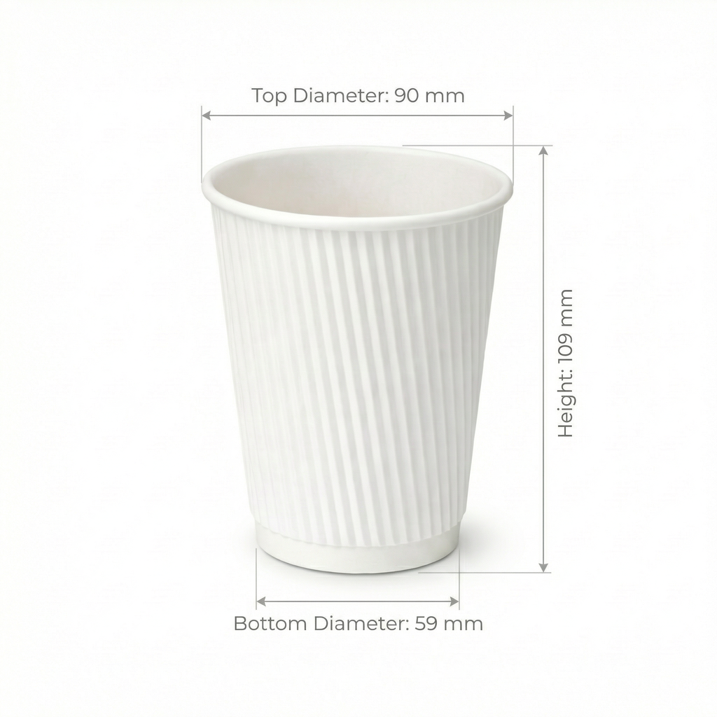 Dimensions diagram for the 12oz White Ripple Wall Paper Cup: 90 mm top diameter, 59 mm base, 109 mm height